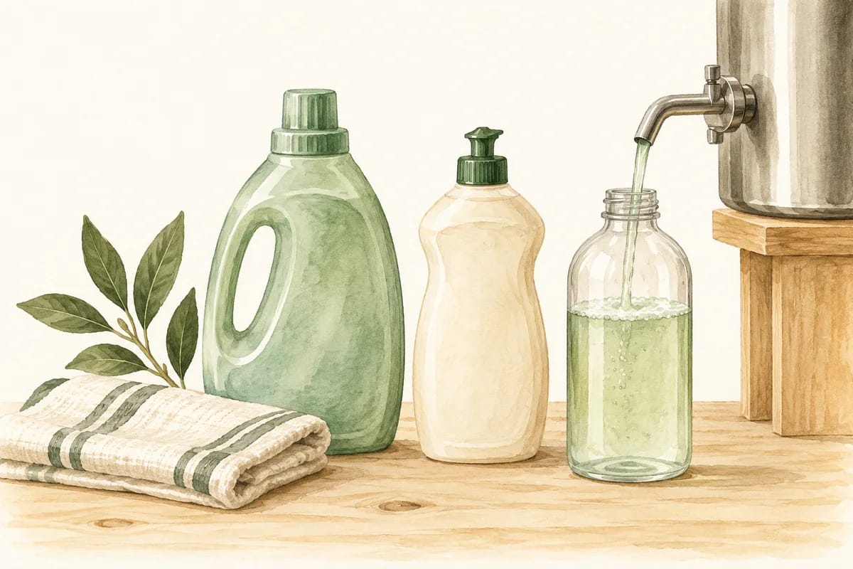 Illustrazione di flaconi riutilizzabili e ricarica di detersivo